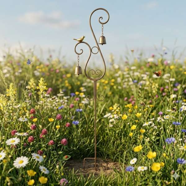 Zauberhafter Gartenstecker Bilbao mit goldenem Vogel und zwei Glocken ca. 125 cm - Gartendekoration